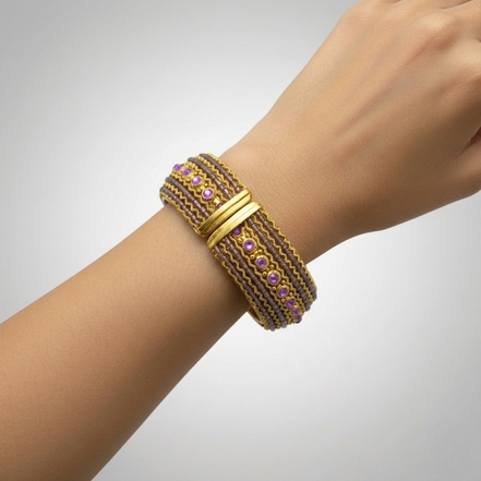 Vintage Style Gold Cuff Bracelet with Fuchsia Beads & Crystal Accents – Statement Hinged Bangle#FW-VB06J0248FUCH
