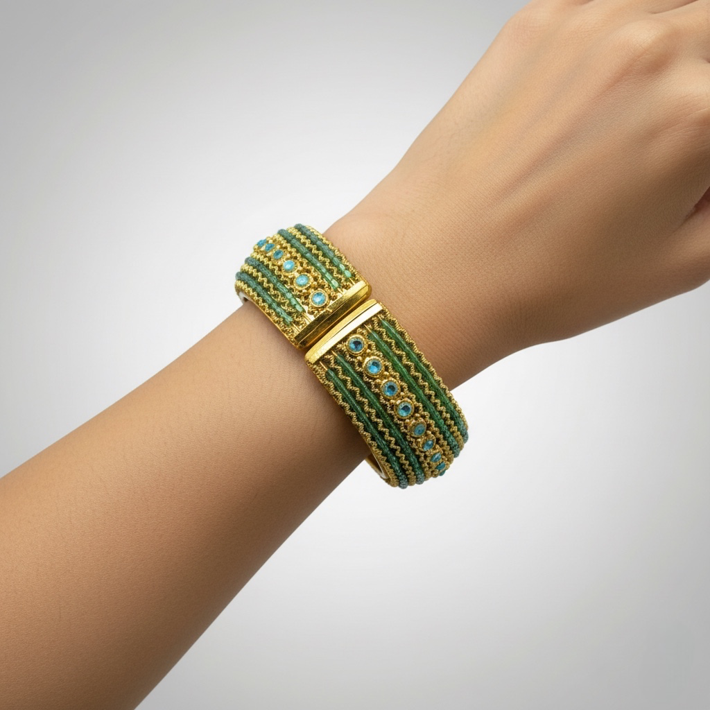 Vintage Style Gold Cuff Bracelet with Turquoise Beads & Crystal Accents – Statement Hinged Bangle #FW-VB06J0248TEAL
