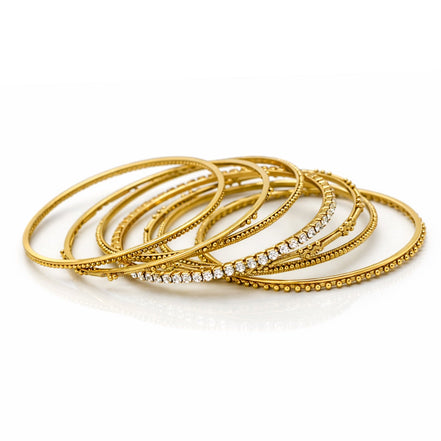 Elegant Gold-Tone Bangle Bracelet Set with Crystal Accents – Multi- 7 Piece Stackable Jewelry (2.75" Diameter)# KB12569_GOLD(AC22)