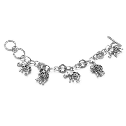 Silver Elephant Charm Bracelet with Crystal Accents – Boho Statement Link Bracelet#HNB77730_SILVER(UF5)