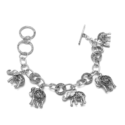 Silver Elephant Charm Bracelet with Crystal Accents – Boho Statement Link Bracelet #HNB77730_SILVER(UF5)