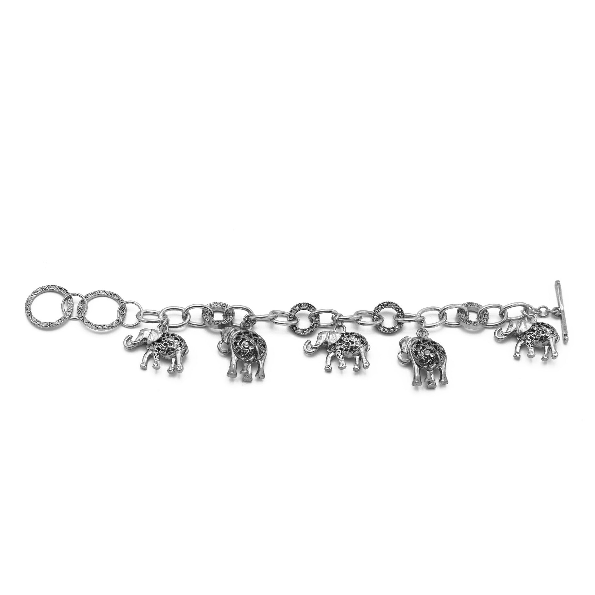 Silver Elephant Charm Bracelet with Crystal Accents – Boho Statement Link Bracelet #HNB77730_SILVER(UF5)