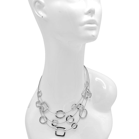 Elegant Silver and Hematite-Tone Geometric Multi-Layer Necklace – 18" #SC16631_S-HEM (NB10/LE22)
