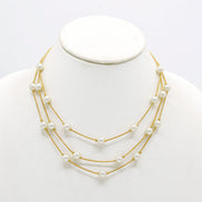 Cream Pearl With Gold Three-Strand Necklace And Earrings Set #HNNE084_GLD-CRM(GB1)
