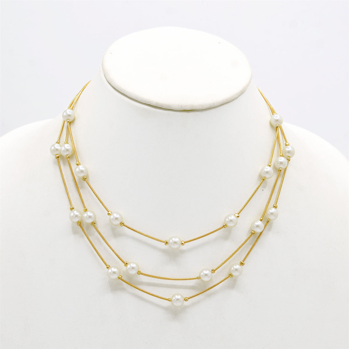 Cream Pearl With Gold Three-Strand Necklace And Earrings Set #HNNE084_GLD-CRM(GB1)