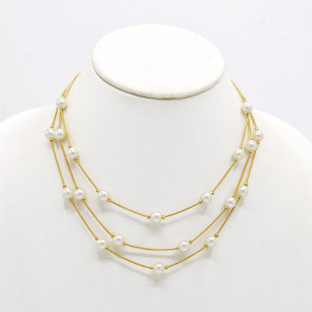 Cream Pearl With Gold Three-Strand Necklace And Earrings Set #HNNE084_GLD-CRM(GB1)
