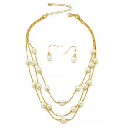 Cream Pearl With Gold Three-Strand Necklace And Earrings Set #HNNE084_GLD-CRM(GB1)