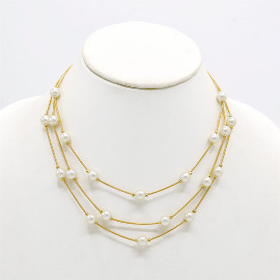 Cream Pearl With Gold Three-Strand Necklace And Earrings Set #HNNE084_GLD-CRM(GB1)