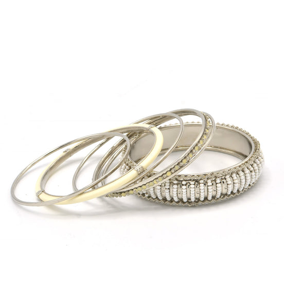 SILVER BRASS AND IVORY 5 PCS BANGLE SET#KB0913_S-IVY (UG2-3)