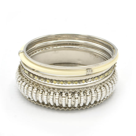 SILVER BRASS AND IVORY 5 PCS BANGLE SET#KB0913_S-IVY (UG2-3)