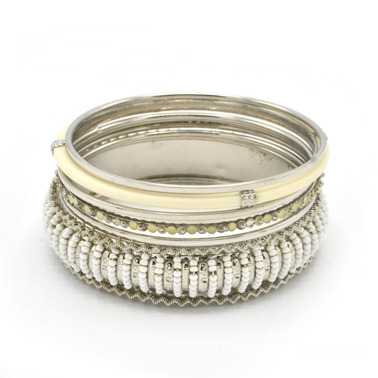 SILVER BRASS AND IVORY 5 PCS BANGLE SET#KB0913_S-IVY (UG2-3)