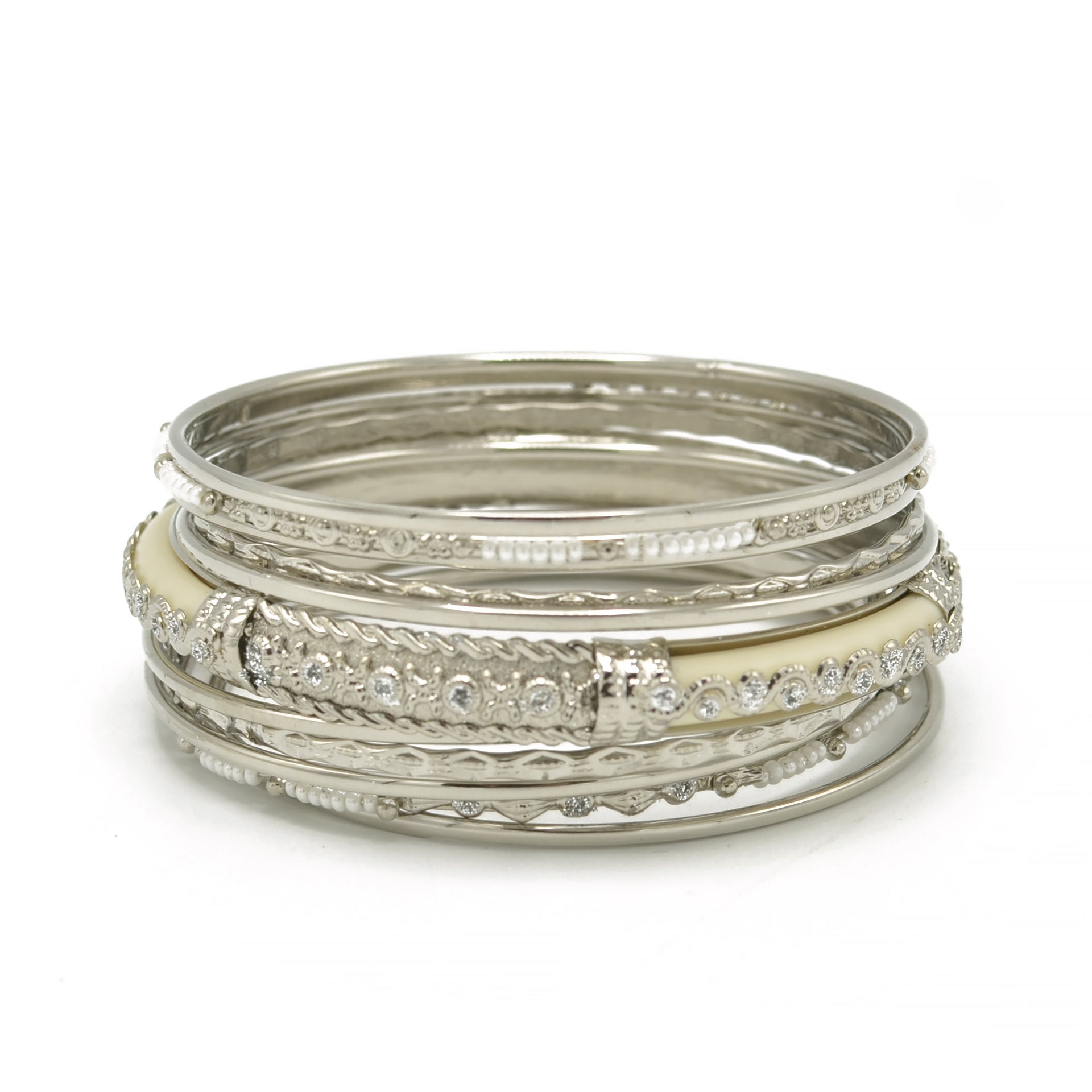 SILVER IVORY BONE WITH WHITE SEED BEADS SILVER BANGLES SET OF 11PCS  #KB00888S-IVY (TH14)