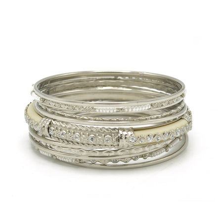 SILVER IVORY BONE WITH WHITE SEED BEADS SILVER BANGLES SET OF 11PCS  #KB00888S-IVY (TH14)