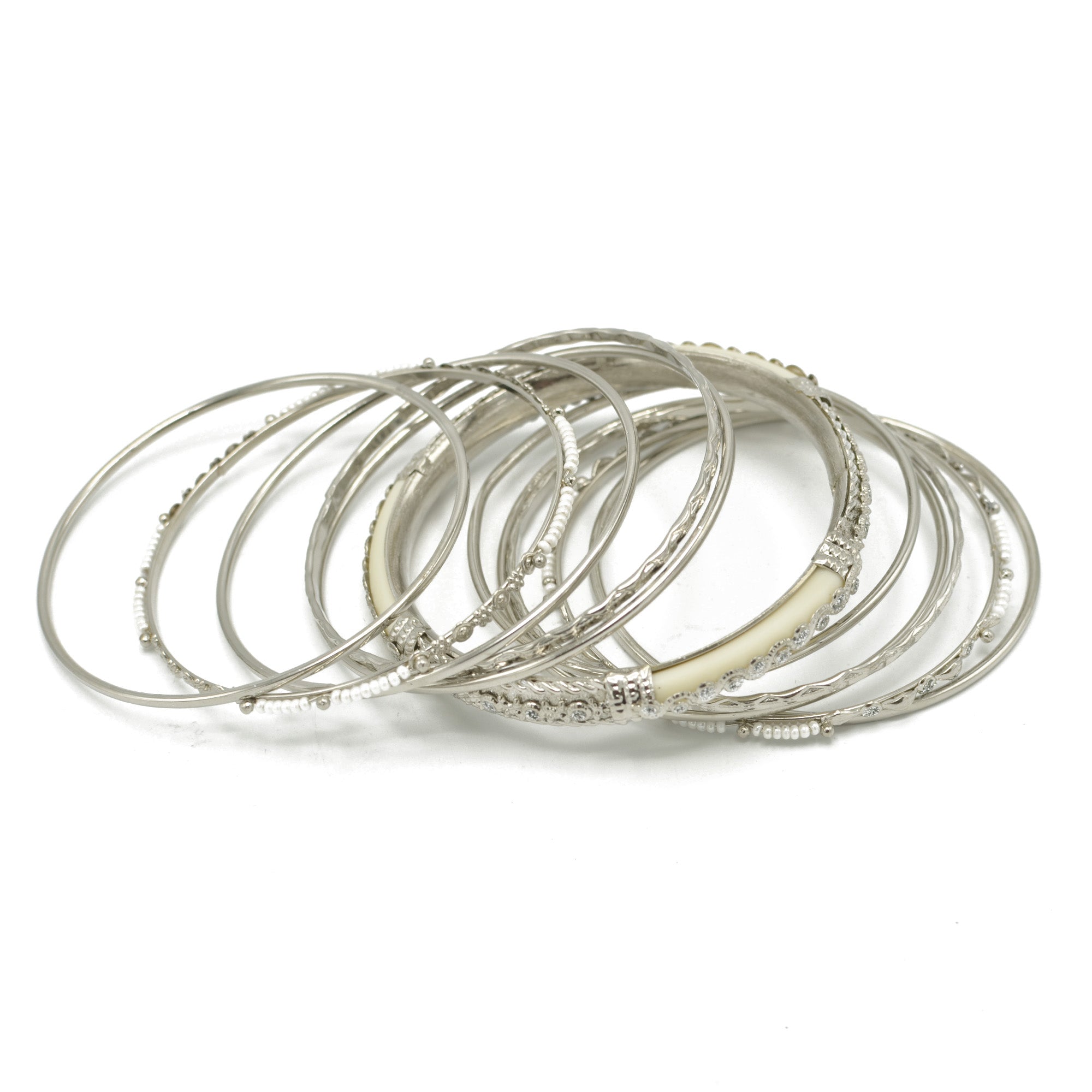 SILVER IVORY BONE WITH WHITE SEED BEADS SILVER BANGLES SET OF 11PCS  #KB00888_S-IVY (ID13/ID14)