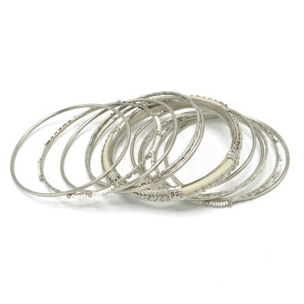 SILVER IVORY BONE WITH WHITE SEED BEADS SILVER BANGLES SET OF 11PCS  #KB00888_S-IVY (ID13/ID14)
