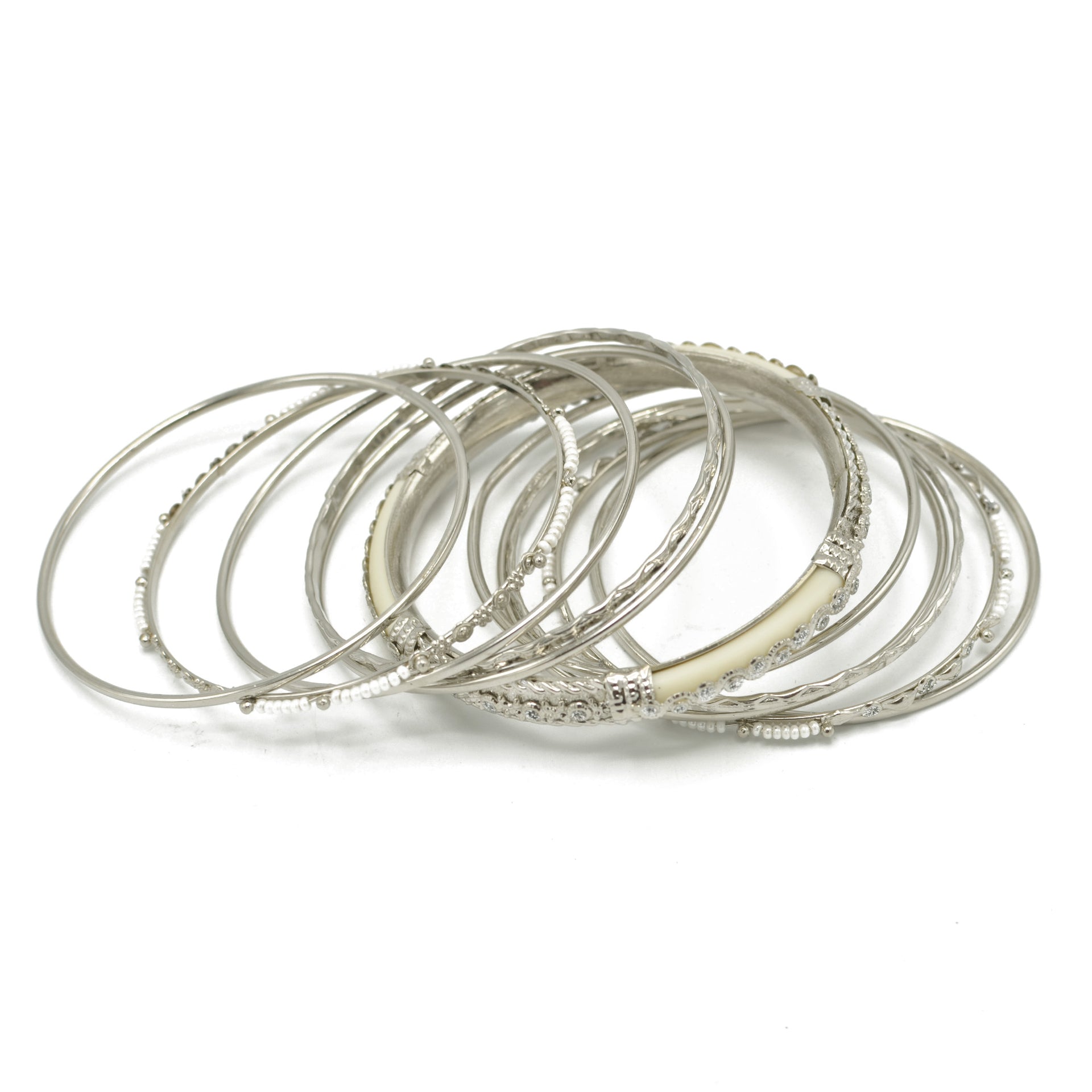 SILVER IVORY BONE WITH WHITE SEED BEADS SILVER BANGLES SET OF 11PCS  #KB00888S-IVY (TH14)