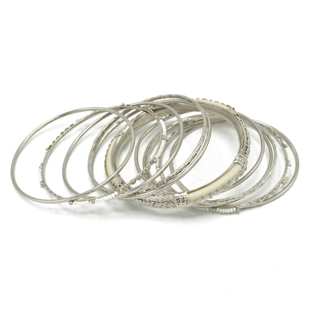 SILVER IVORY BONE WITH WHITE SEED BEADS SILVER BANGLES SET OF 11PCS  #KB00888S-IVY (TH14)