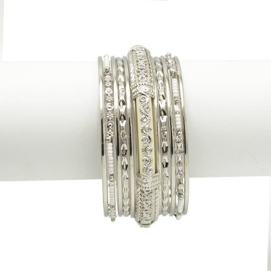 SILVER IVORY BONE WITH WHITE SEED BEADS SILVER BANGLES SET OF 11PCS  #KB00888_S-IVY (ID13/ID14)