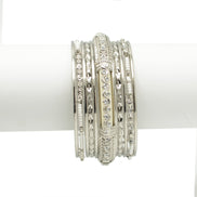 SILVER IVORY BONE WITH WHITE SEED BEADS SILVER BANGLES SET OF 11PCS  #KB00888S-IVY (TH14)