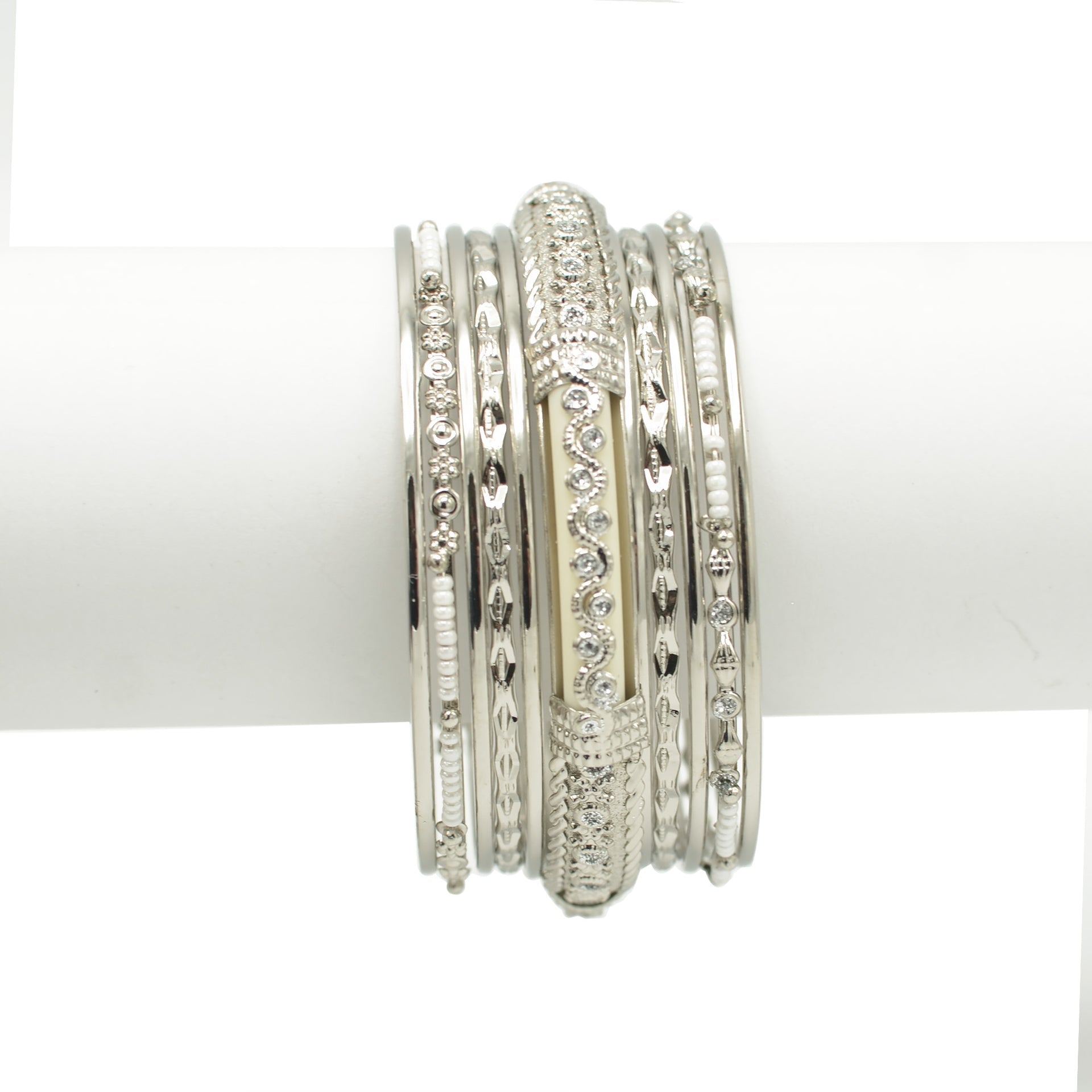 SILVER IVORY BONE WITH WHITE SEED BEADS SILVER BANGLES SET OF 11PCS  #KB00888S-IVY (TH14)
