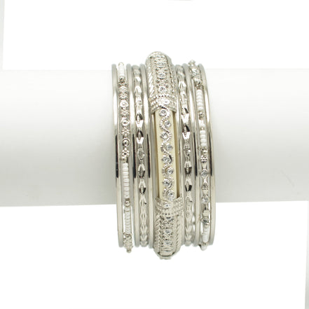 SILVER IVORY BONE WITH WHITE SEED BEADS SILVER BANGLES SET OF 11PCS  #KB00888S-IVY (TH14)