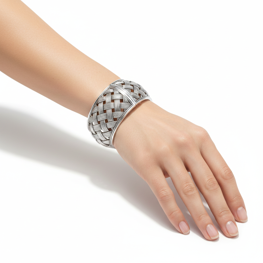 Intricate Silver Woven Basket-Weave Statement Cuff Bracelet #HB49906_RHOD (Q-4)