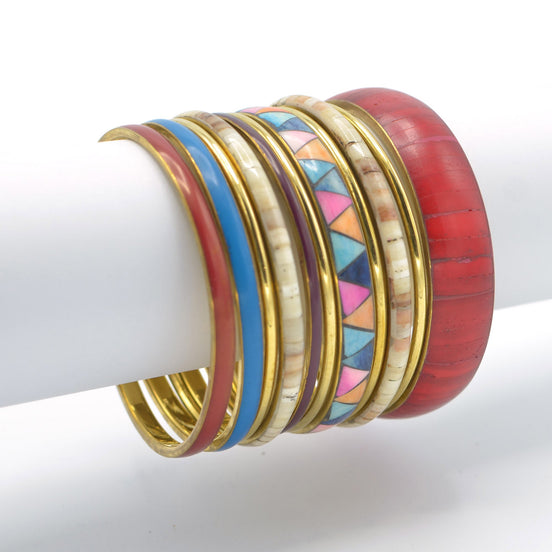 GOLD BRASS WOOD AND RESIN 11 PCS MULTICOLOR BANGLE SET#RB84643 (UH8)