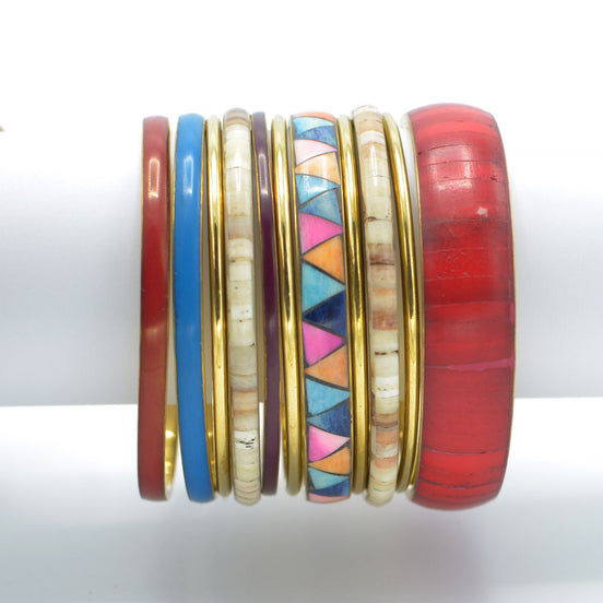 GOLD BRASS WOOD AND RESIN 11 PCS MULTICOLOR BANGLE SET#RB84643 (UH8)