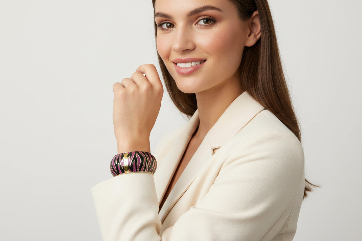 GOLD BLACK AND PINK ENAMEL ZEBRA CUFF BRACELET #HB5547_PNK-BLK (LD19/R-LH15)