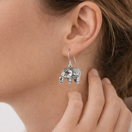 Silver-Tone Elephant Dangle Earrings – 1.5" Drop Boho Statement Jewelry#SE29110_SILVER (CA1/MC8)