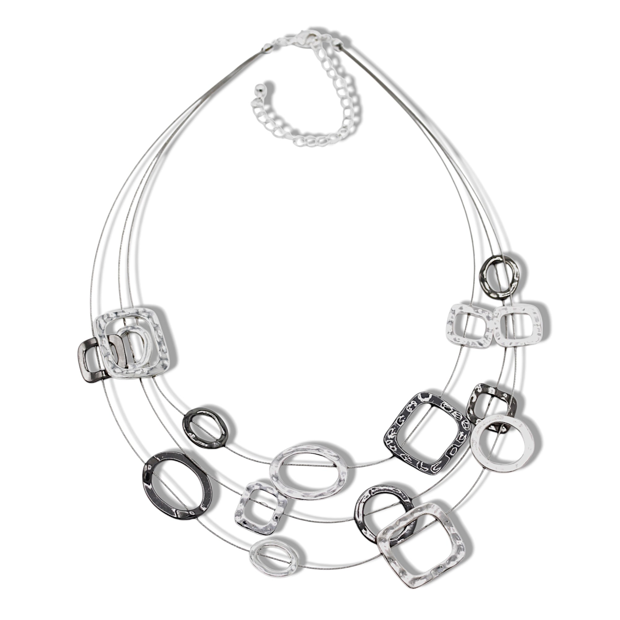 Elegant Silver and Hematite-Tone Geometric Multi-Layer Necklace – 18
