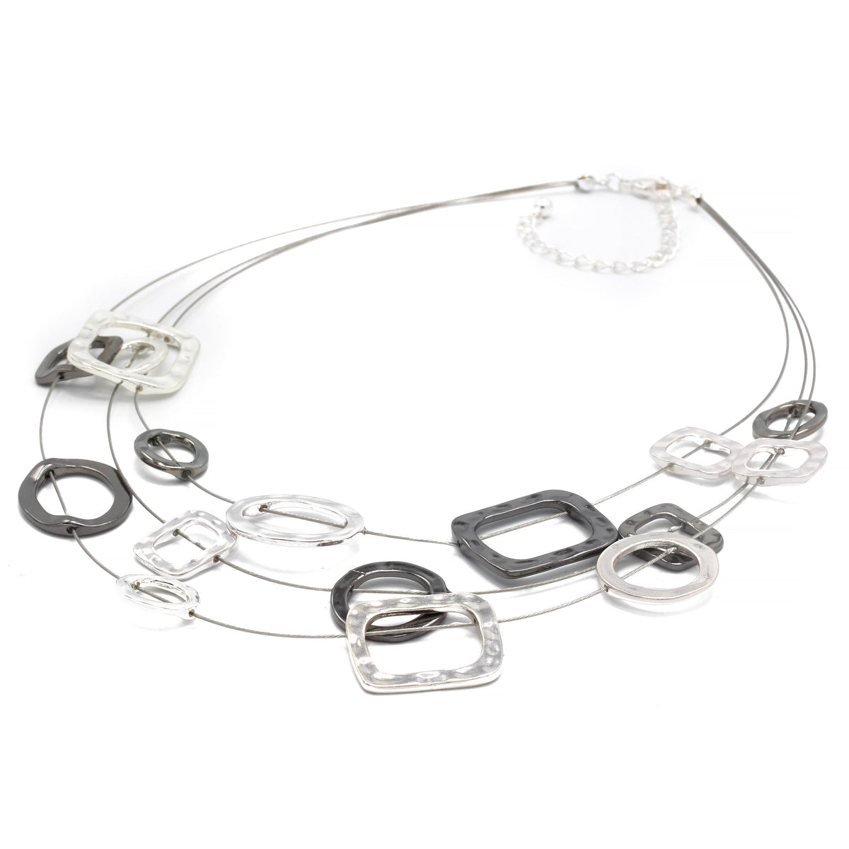 Elegant Silver and Hematite-Tone Geometric Multi-Layer Necklace – 18