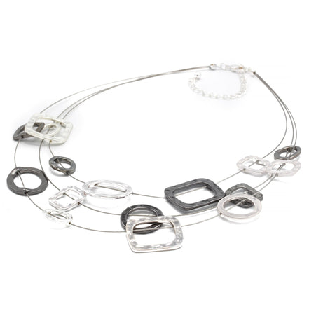 Elegant Silver and Hematite-Tone Geometric Multi-Layer Necklace – 18" #SC16631_S-HEM (NB10/LE22)