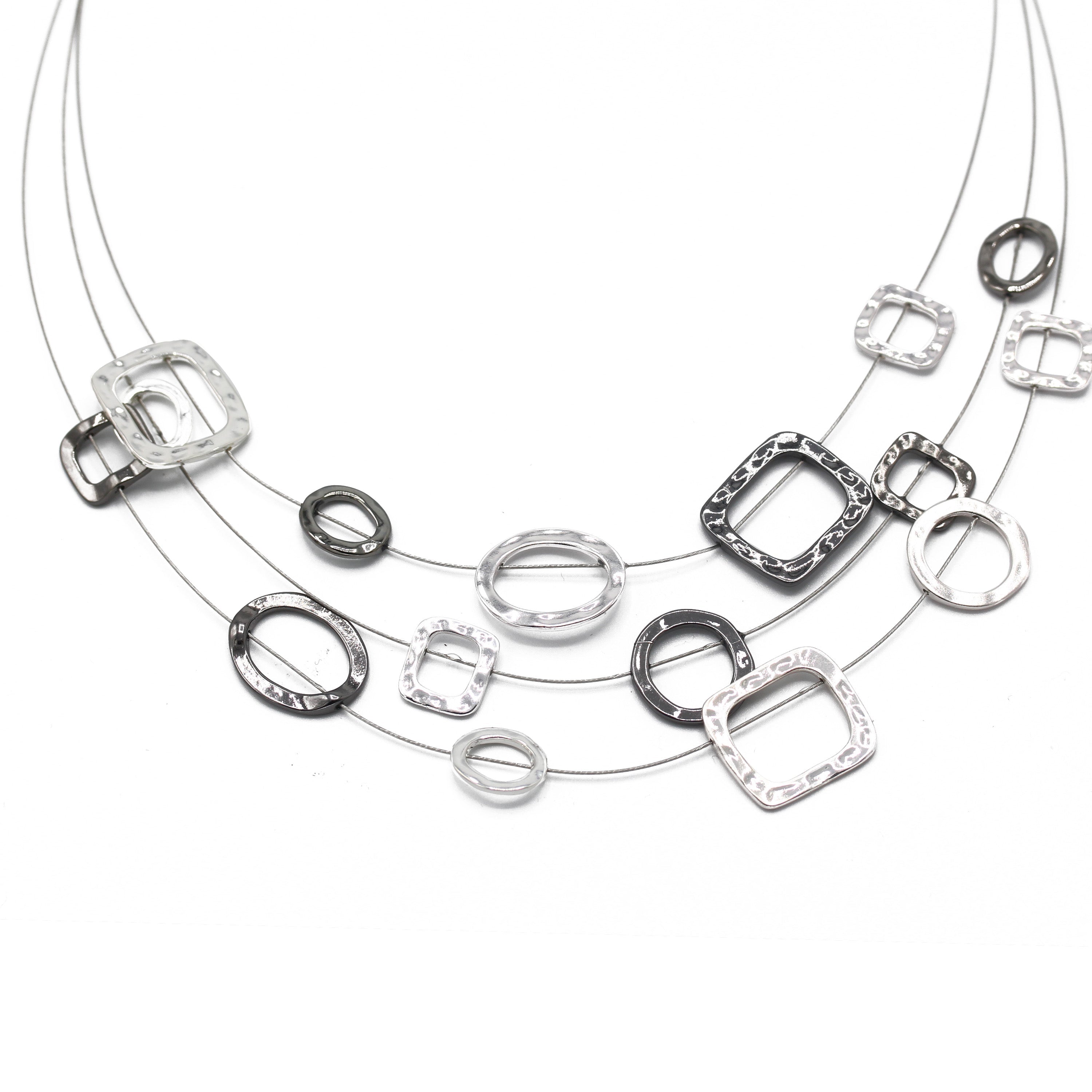 Elegant Silver and Hematite-Tone Geometric Multi-Layer Necklace – 18