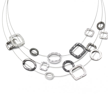 Elegant Silver and Hematite-Tone Geometric Multi-Layer Necklace – 18" #SC16631_S-HEM (NB10/LE22)