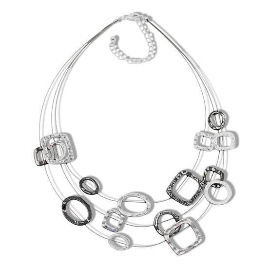 Elegant Silver and Hematite-Tone Geometric Multi-Layer Necklace – 18" #SC16631_S-HEM (NB10/LE22)