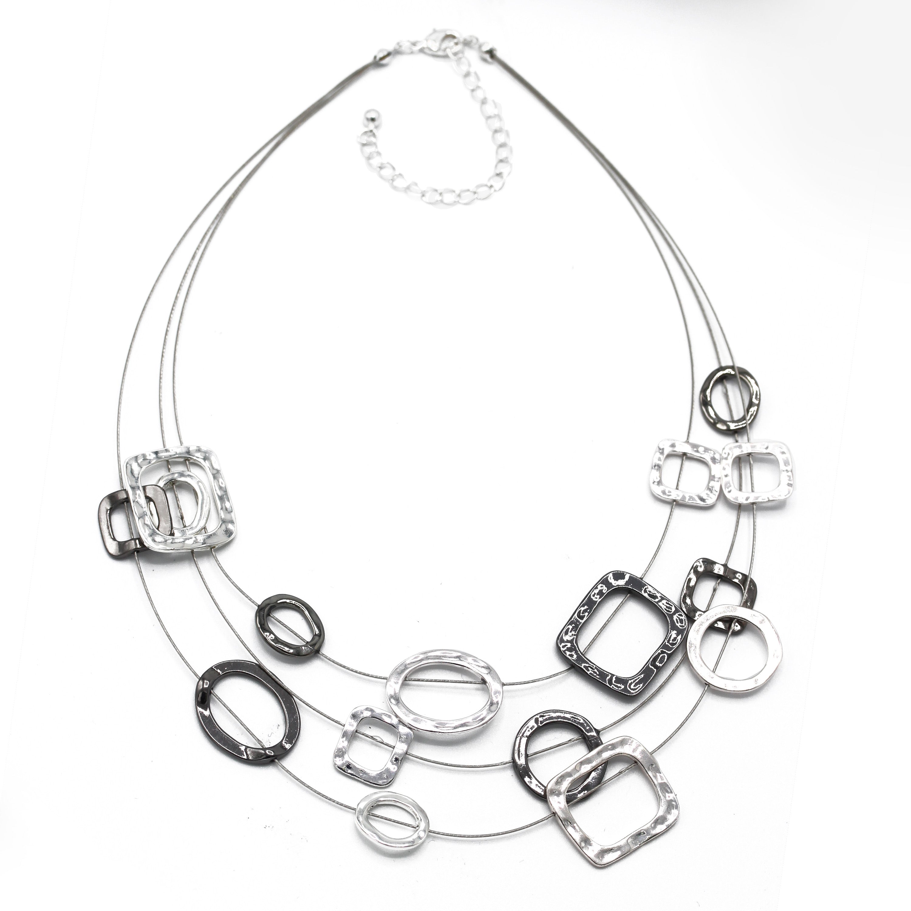 Elegant Silver and Hematite-Tone Geometric Multi-Layer Necklace – 18
