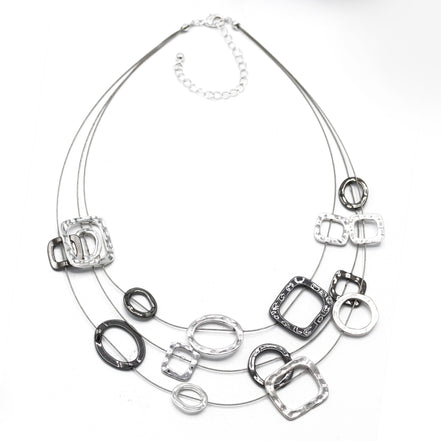 Elegant Silver and Hematite-Tone Geometric Multi-Layer Necklace – 18" #SC16631_S-HEM (NB10/LE22)