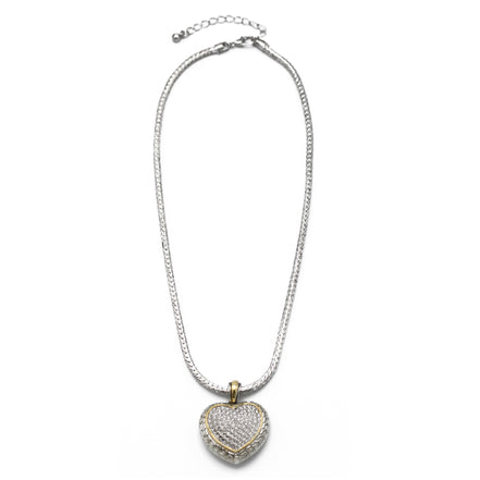 TWO TONE PAVE CRYSTAL ENGRAVED HEART PENDANT NECKLACE  #4652NK (FA14)
