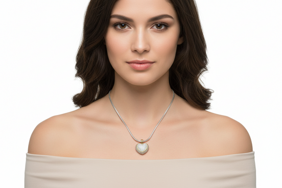 TWO TONE PAVE CRYSTAL ENGRAVED HEART PENDANT NECKLACE  #4652NK (FA14)