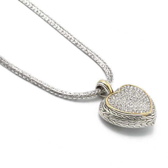TWO TONE PAVE CRYSTAL ENGRAVED HEART PENDANT NECKLACE  #4652NK (FA14)