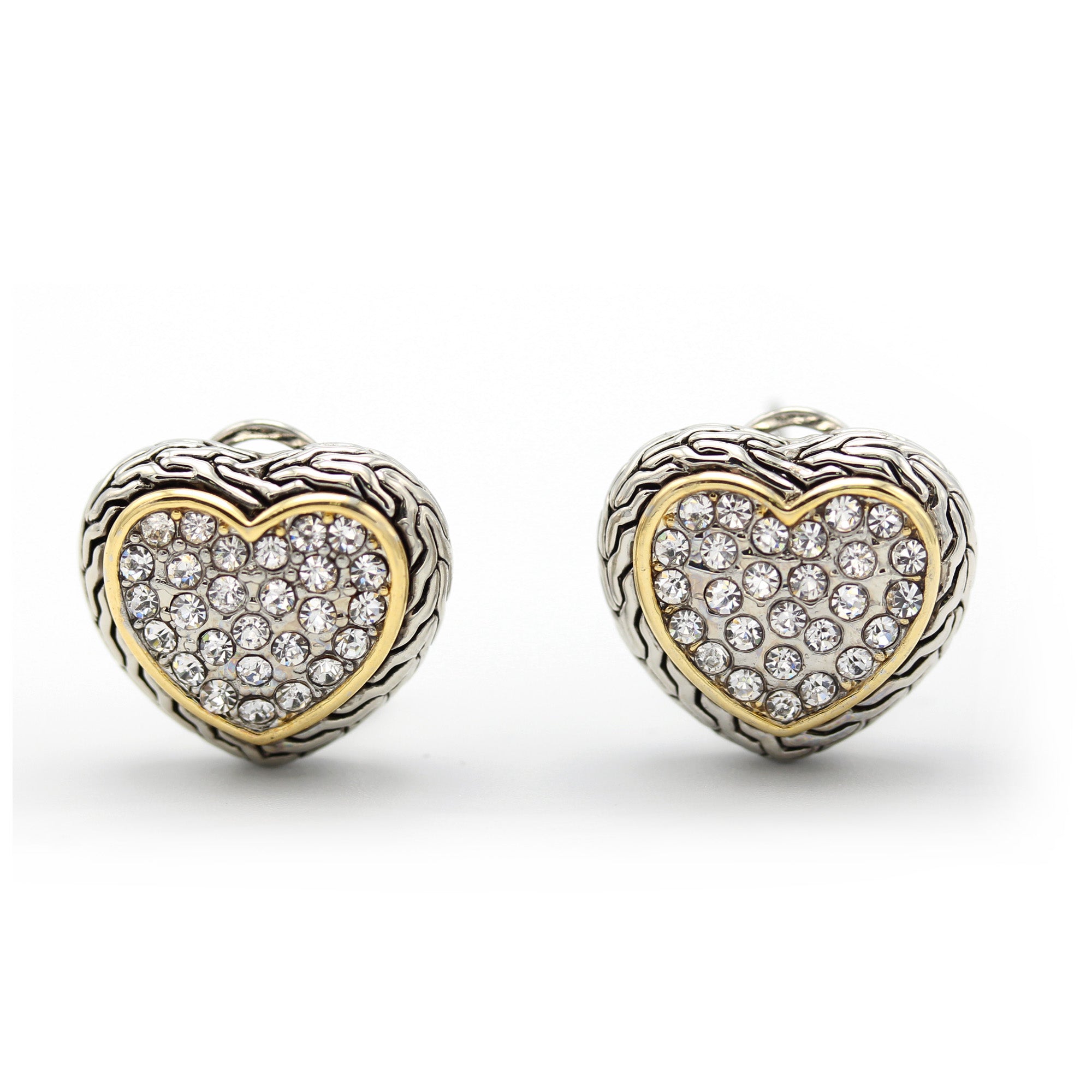 TWO TONE PAVE CRYSTAL ENGRAVED HEART EARRING  #4652ER (FB15)