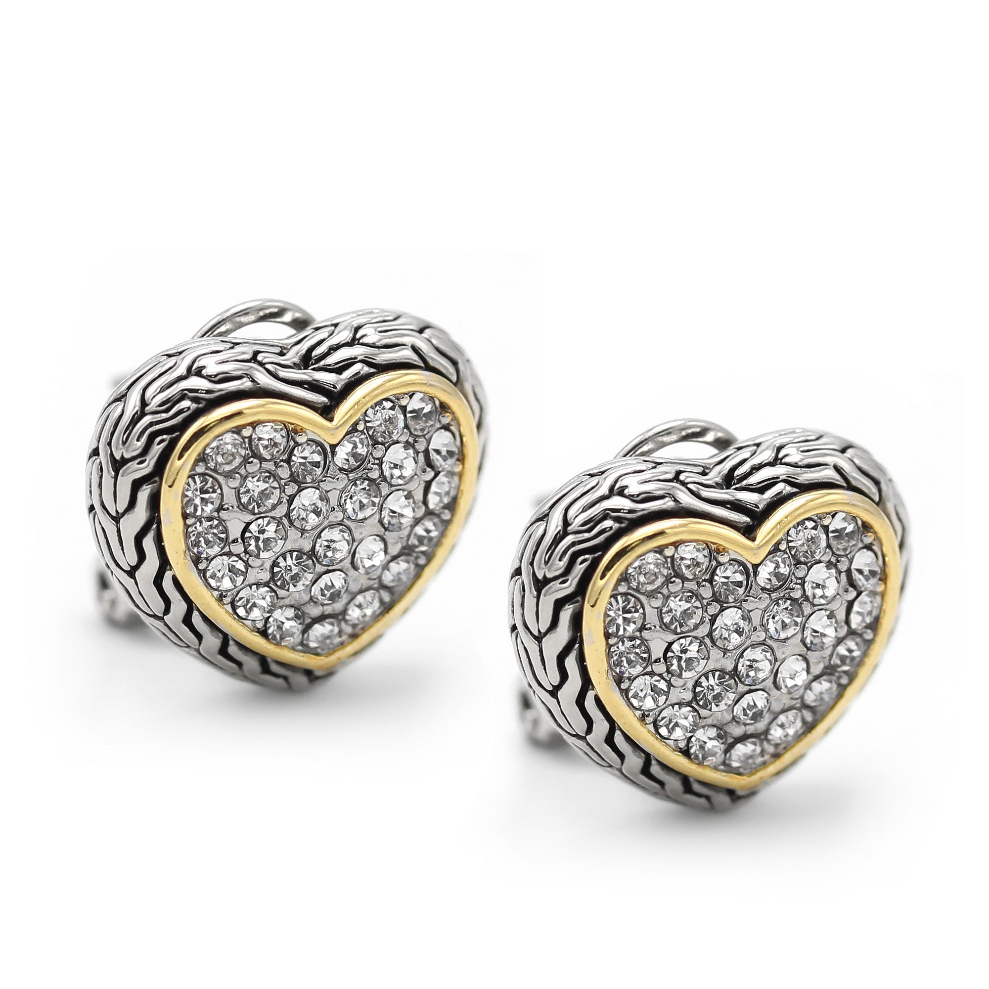 TWO TONE PAVE CRYSTAL ENGRAVED HEART EARRING  #4652ER (FB15)