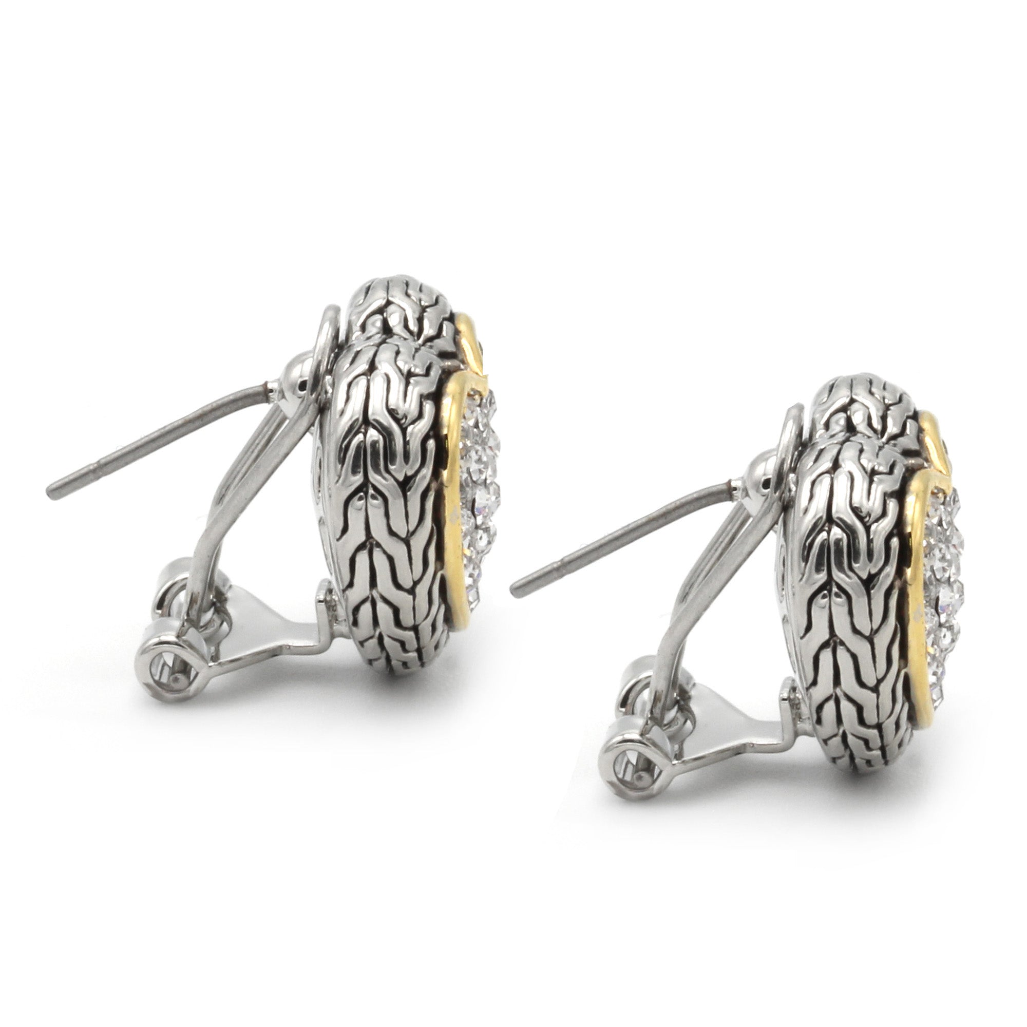 TWO TONE PAVE CRYSTAL ENGRAVED HEART EARRING  #4652ER (FB15)