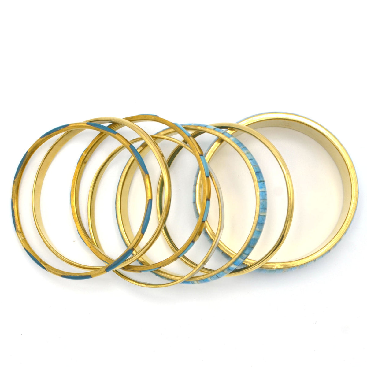 GOLD BRASS AND RESIN 7 PCS LIGHT BLUE BANGLE SET#BL87741_BLU-GLD(RF25)