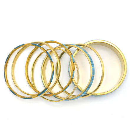 GOLD BRASS AND RESIN 7 PCS LIGHT BLUE BANGLE SET#BL87741_BLU-GLD(RF25)