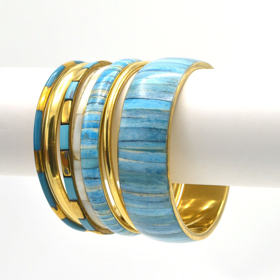 GOLD BRASS AND RESIN 7 PCS LIGHT BLUE BANGLE SET#BL87741_BLU-GLD(RF25)