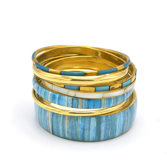 GOLD BRASS AND RESIN 7 PCS LIGHT BLUE BANGLE SET#BL87741_BLU-GLD(RF25)