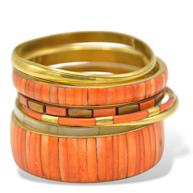 Orange Natural Bone with Mother of Pearl 7-Piece Bangle Set#BL87745-1_ORG (B126)