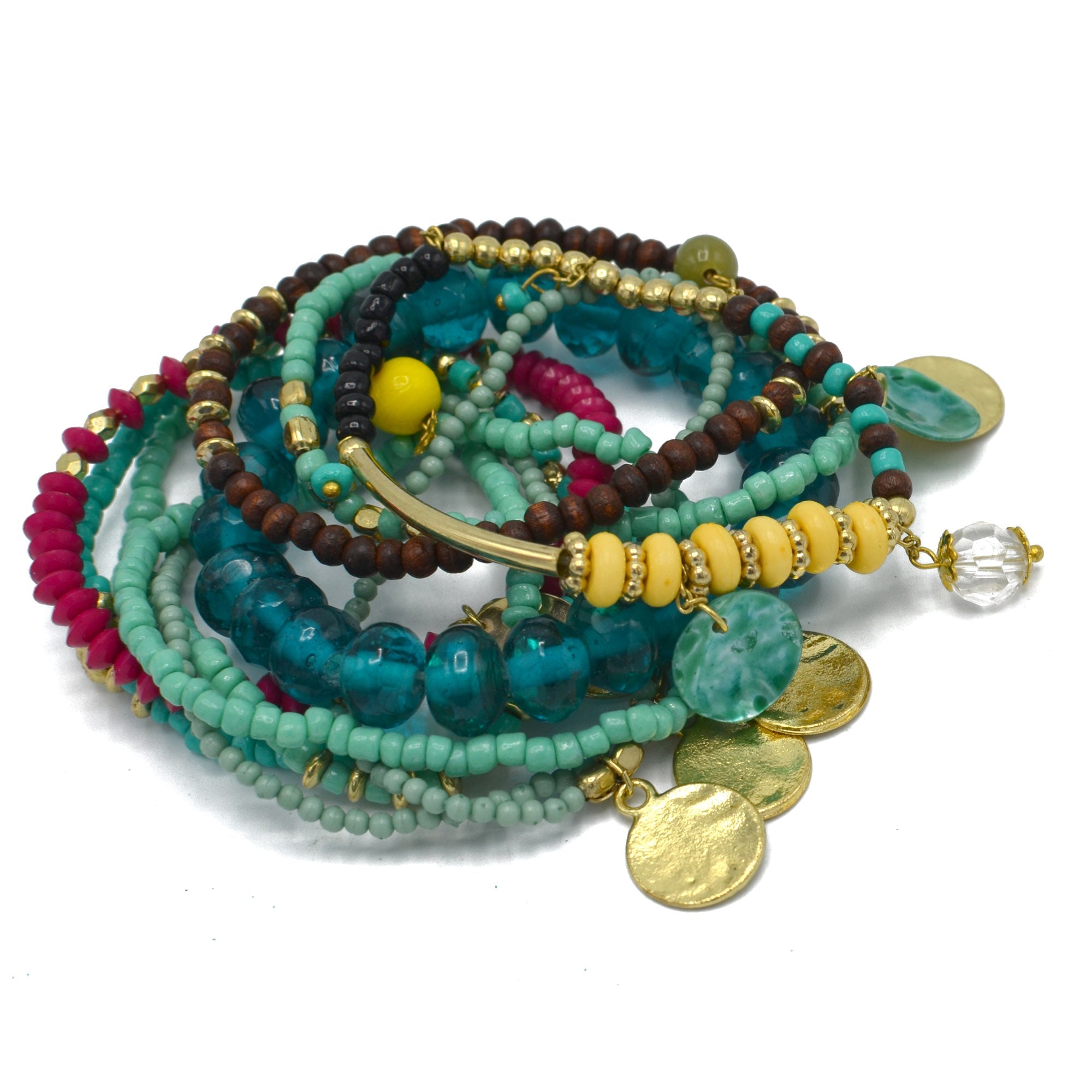 Turquoise coral and brown beads memory wire stretch Multi charm bracelets #BR87881_ML (OF19)(OE19
